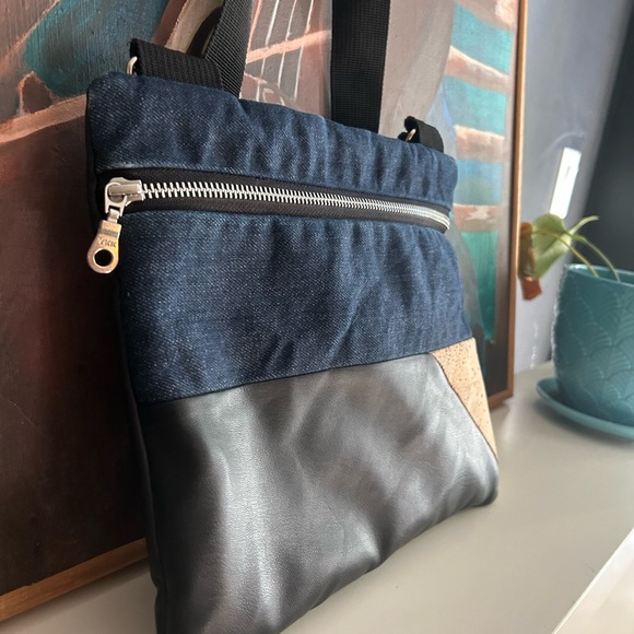 Stylish Denim and Black Crossbody Bag Vegan 9.5"x11" - Picture 9 of 16